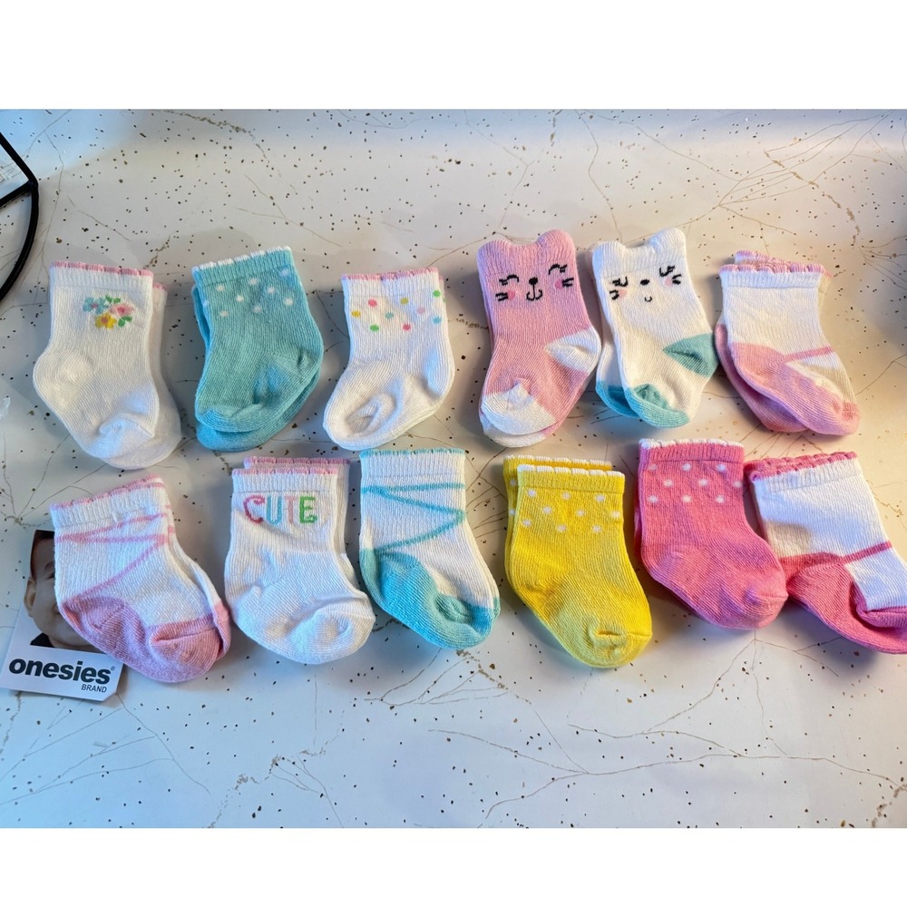 Onesies Brand Baby Girl Socks 12 Pair Pack Multicolor Animal Polka Dot 0-6M